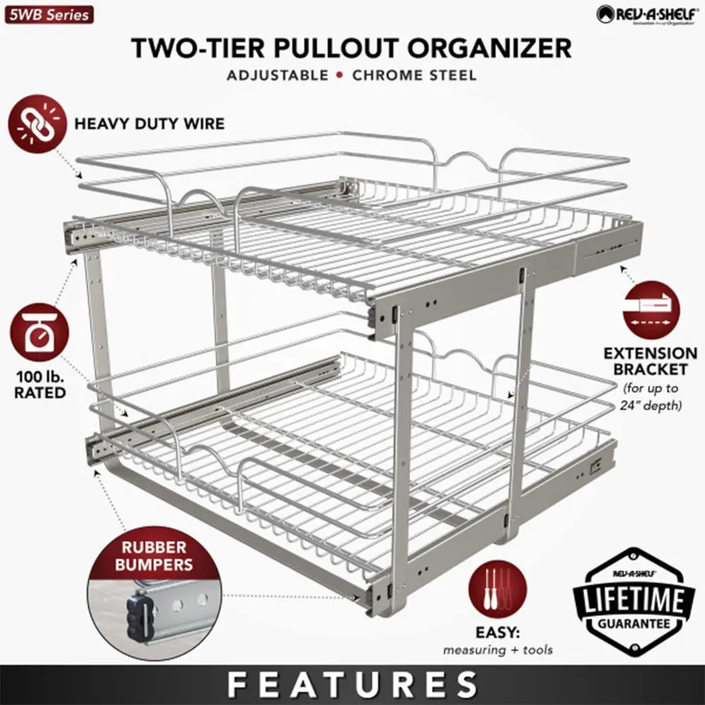 Rev-A-Shelf 2-Tier Kitchen Cabinet Pullout Shelf and Drawer Organizer Slide Out Pantry Storage Basket in Multiple Sizes, 24 x 22