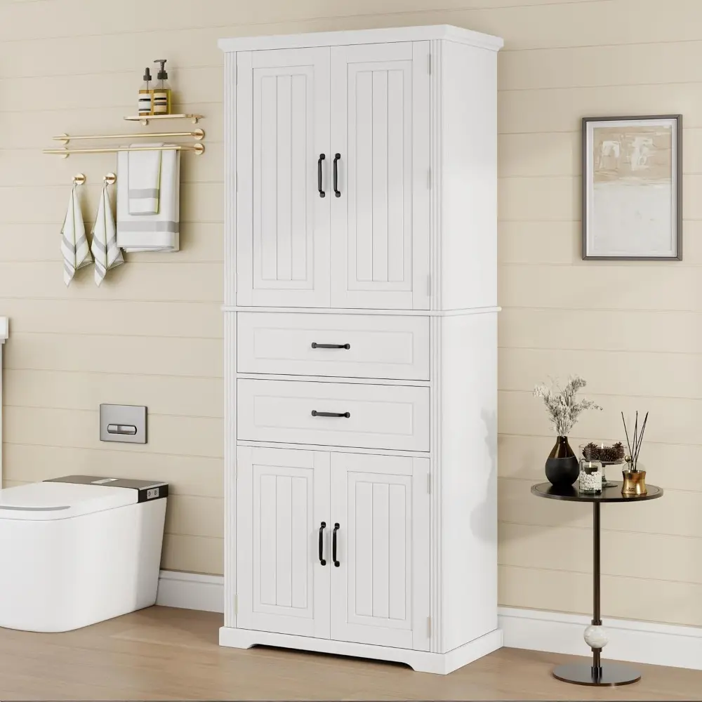 72'' Tall Bathroom Storage Cabinet with 4 Doors,2 Drawers, Adjustable Shelves and Storage Racks, Freestanding Linen Cabinet Kitc