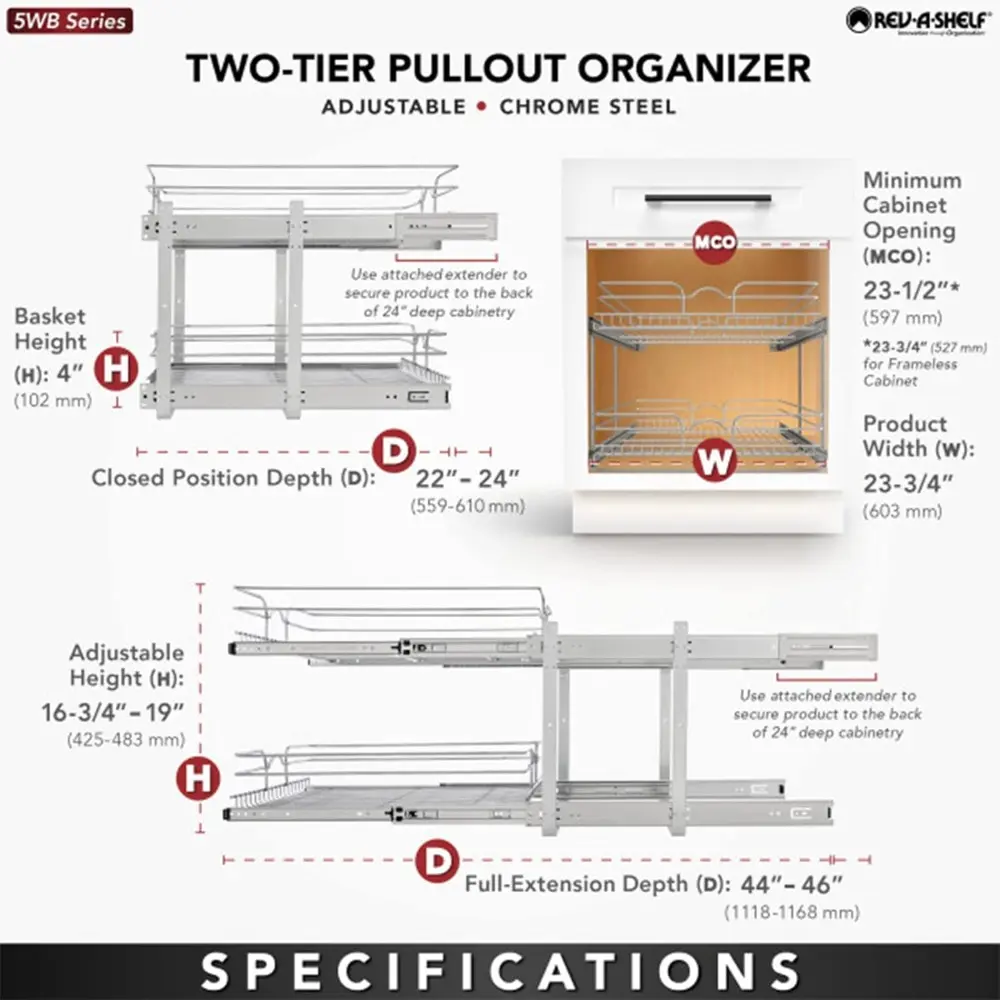 Rev-A-Shelf 2-Tier Kitchen Cabinet Pullout Shelf and Drawer Organizer Slide Out Pantry Storage Basket in Multiple Sizes, 24 x 22