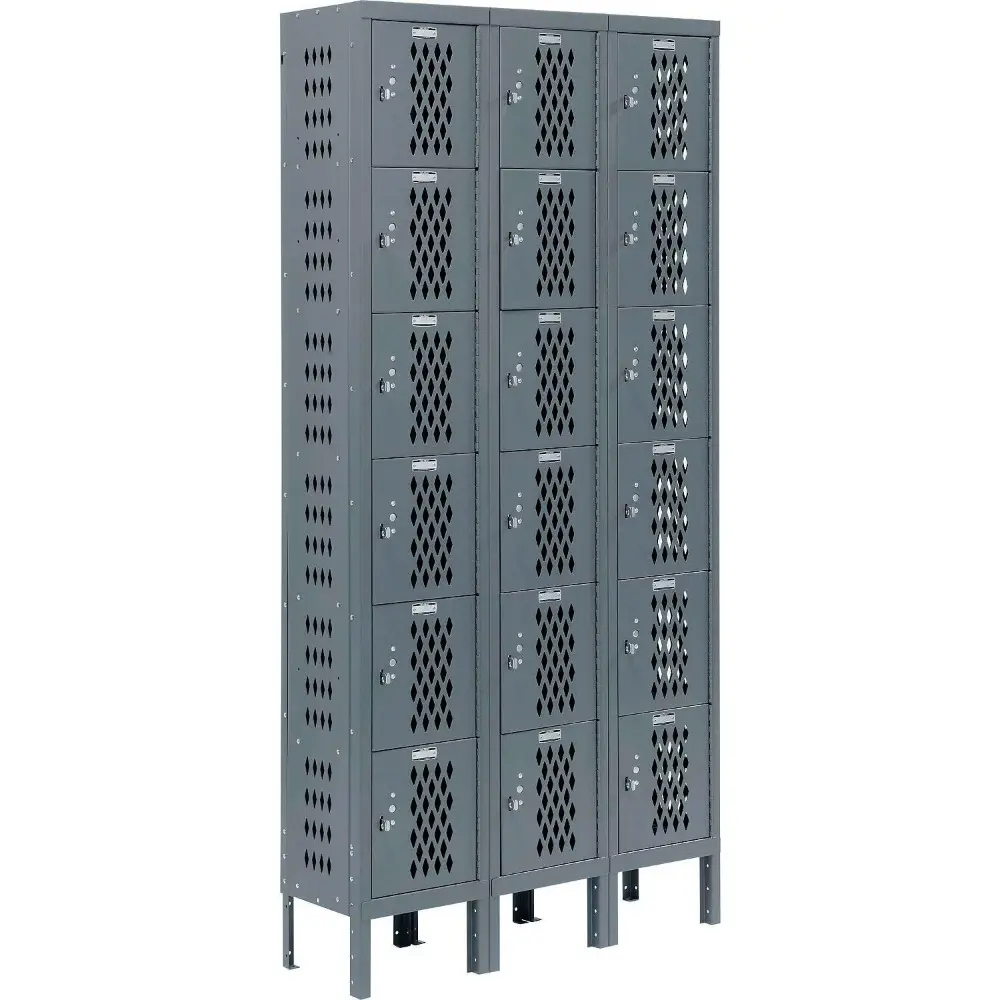 Heavy Duty Ventilated Steel Locker, Six Tier, 3-Wide, 12x18x12, Unassembled, Gray