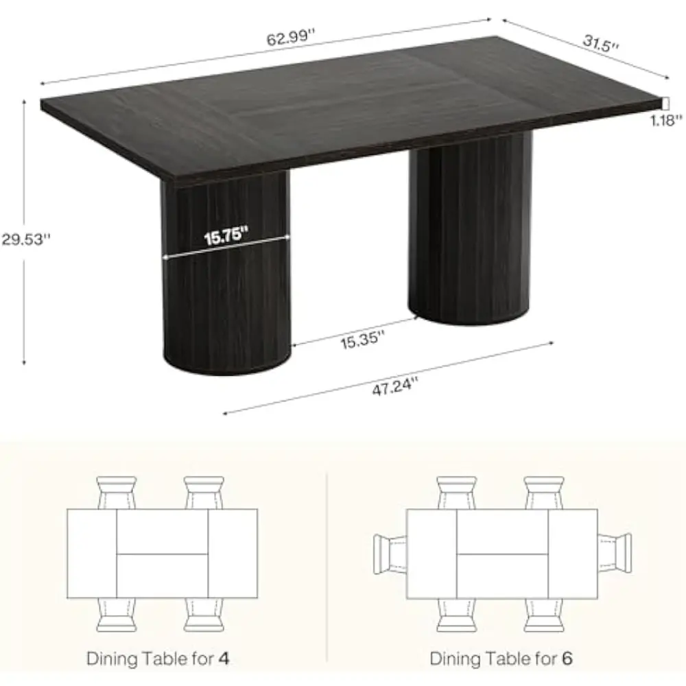 Black Dining Table for 6 People, 63-Inch Modern Dining Room Table with Cylindrical Base, Rectangle Kitchen Table for Living Roo