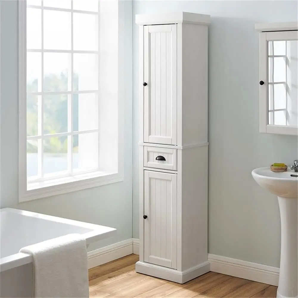 Seaside Tall Linen Storage Cabinet and Bathroom Organizer with a Drawer and Shelves, Distressed White