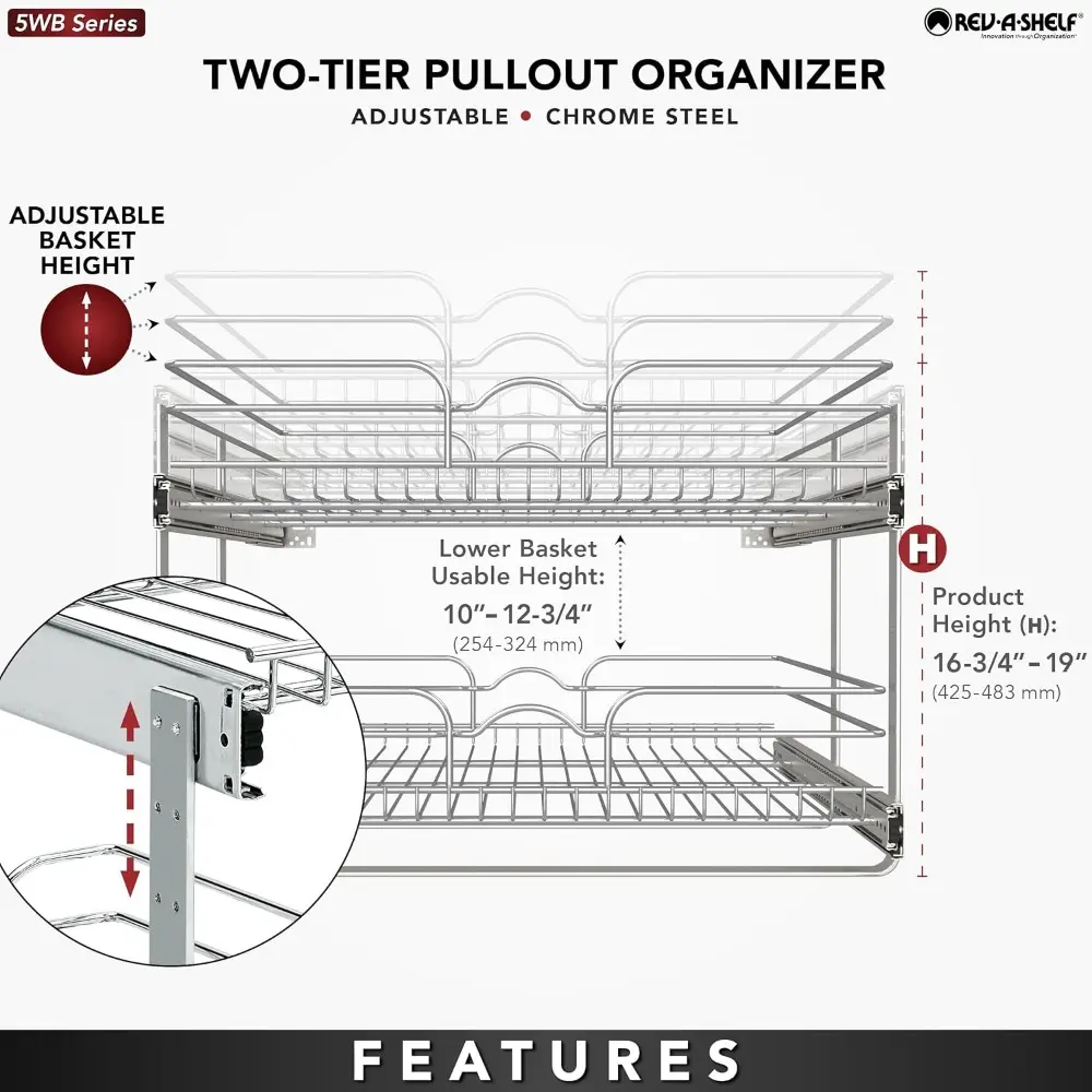 Rev-A-Shelf 2-Tier Kitchen Cabinet Pullout Shelf and Drawer Organizer Slide Out Pantry Storage Basket in Multiple Sizes, 24 x 22