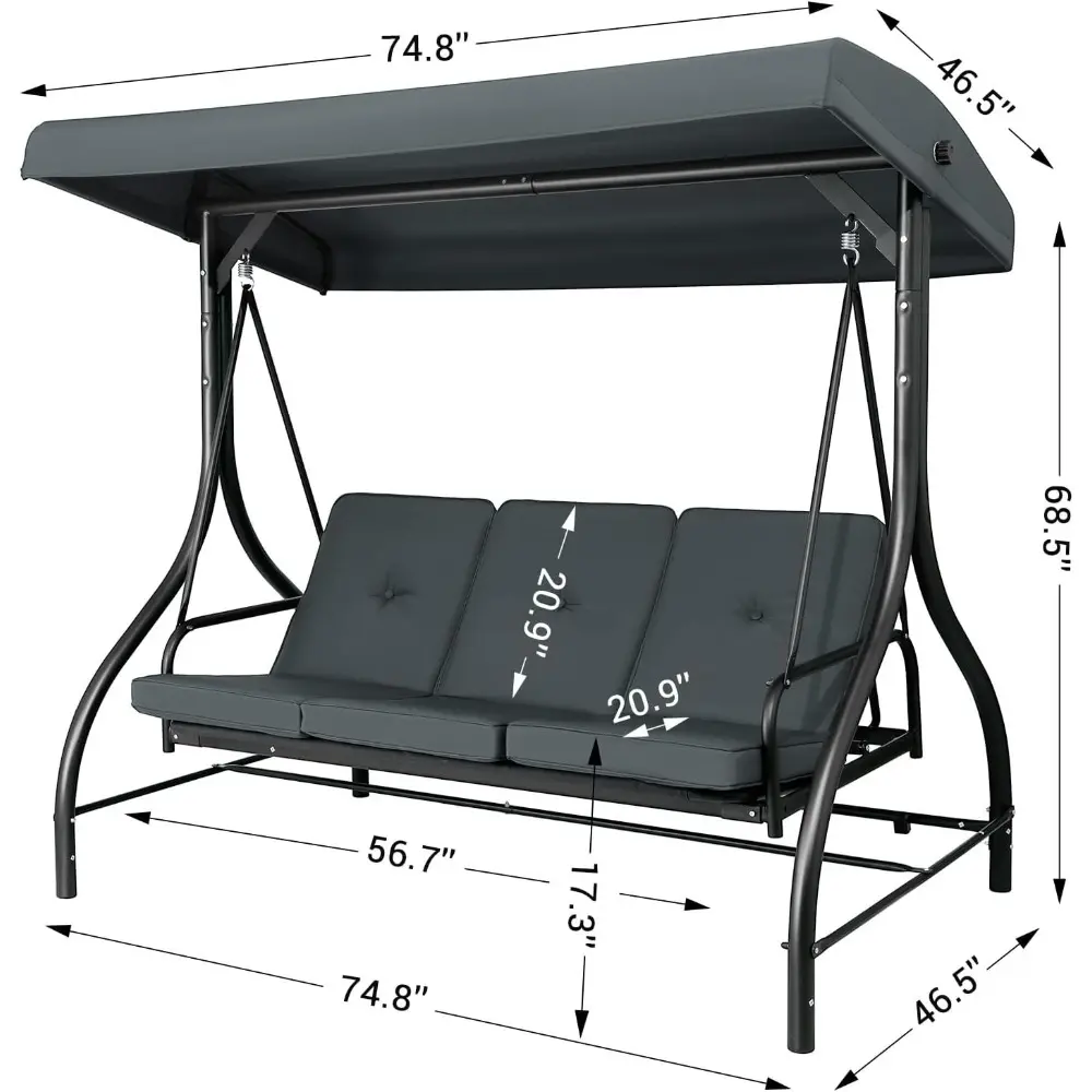 3-Seat Patio Swing with Adjustable Canopy & Backrest, Outdoor Porch Swing Chair for Adults, Outside Porch Converting Bed Thicke