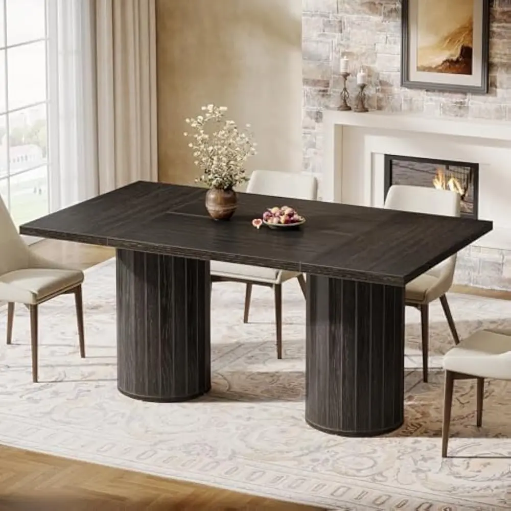 Black Dining Table for 6 People, 63-Inch Modern Dining Room Table with Cylindrical Base, Rectangle Kitchen Table for Living Roo