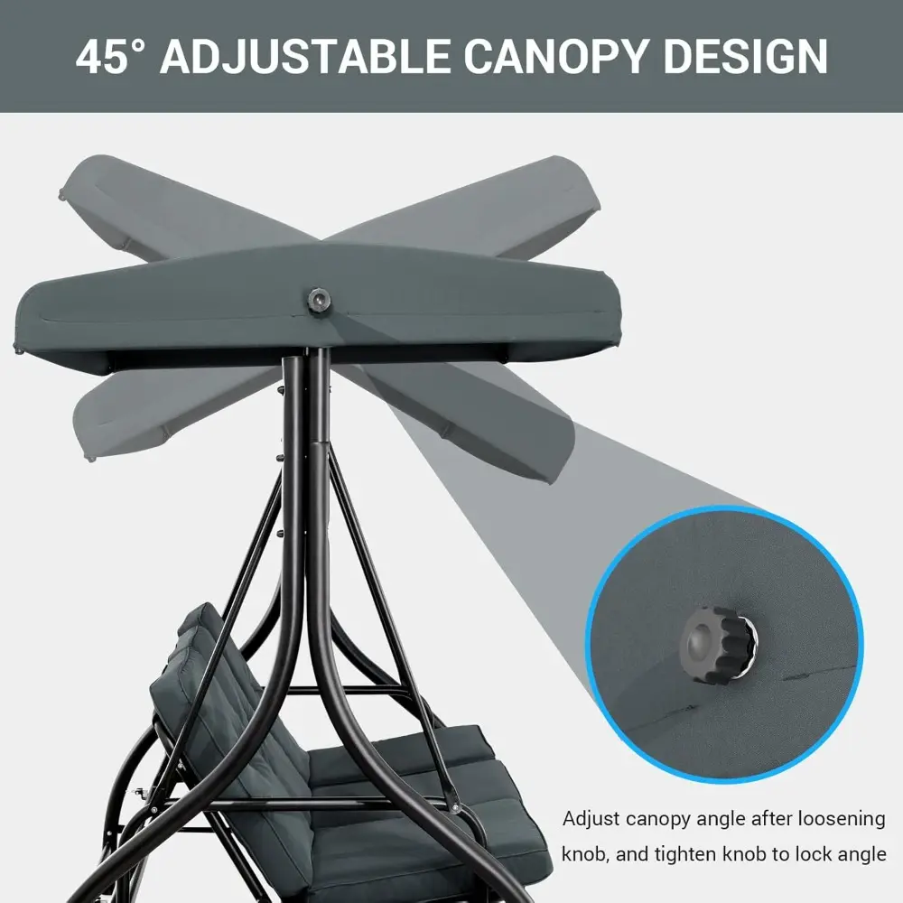 3-Seat Patio Swing with Adjustable Canopy & Backrest, Outdoor Porch Swing Chair for Adults, Outside Porch Converting Bed Thicke