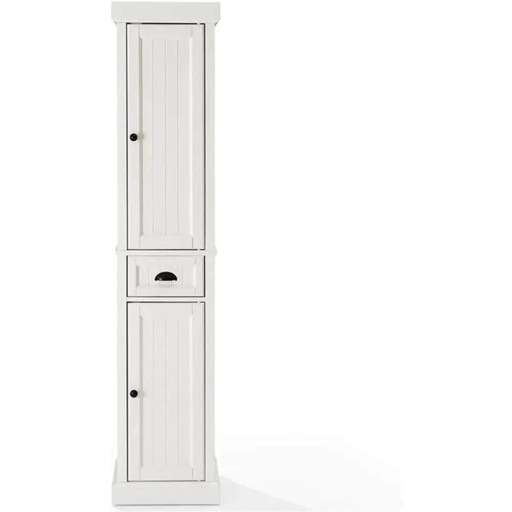 Seaside Tall Linen Storage Cabinet and Bathroom Organizer with a Drawer and Shelves, Distressed White