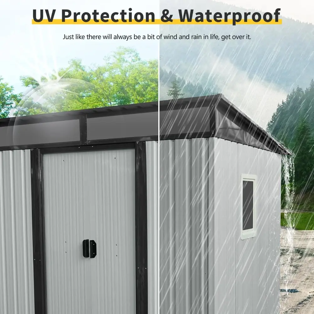 6x5 ft Outdoor Metal Storage Shed with Floor Foundation and Window, Lockable Galvanized Steel Tool Shed with Sliding Door, Air V