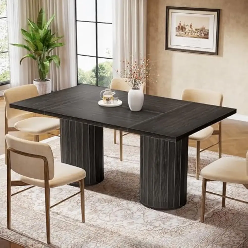 Black Dining Table for 6 People, 63-Inch Modern Dining Room Table with Cylindrical Base, Rectangle Kitchen Table for Living Roo
