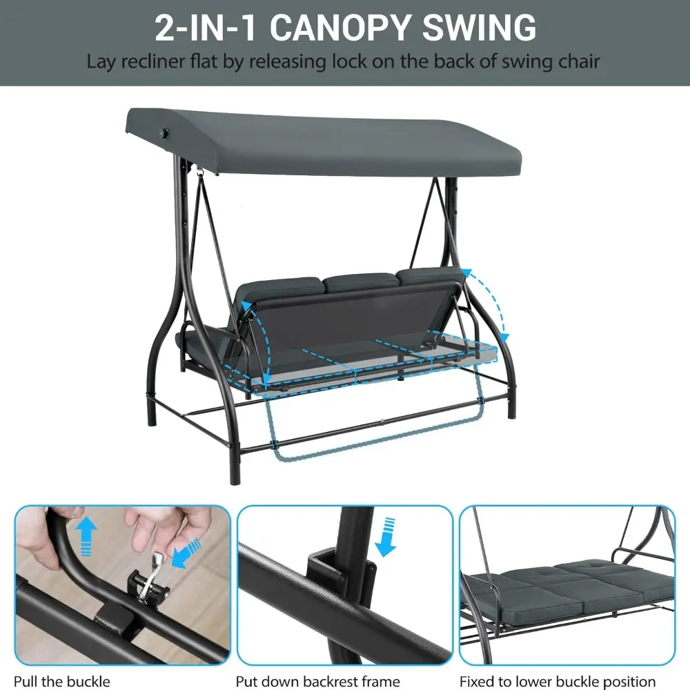 3-Seat Patio Swing with Adjustable Canopy & Backrest, Outdoor Porch Swing Chair for Adults, Outside Porch Converting Bed Thicke