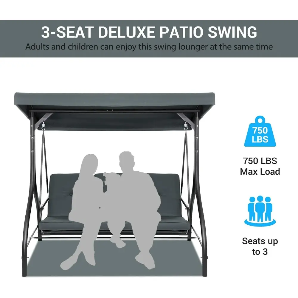 3-Seat Patio Swing with Adjustable Canopy & Backrest, Outdoor Porch Swing Chair for Adults, Outside Porch Converting Bed Thicke