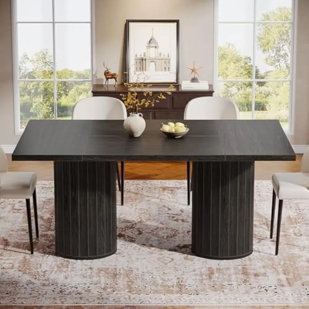 Black Dining Table for 6 People, 63-Inch Modern Dining Room Table with Cylindrical Base, Rectangle Kitchen Table for Living Roo