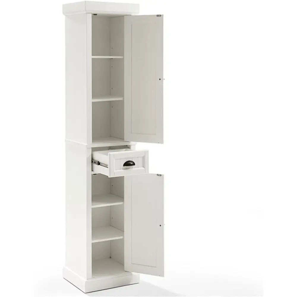 Seaside Tall Linen Storage Cabinet and Bathroom Organizer with a Drawer and Shelves, Distressed White