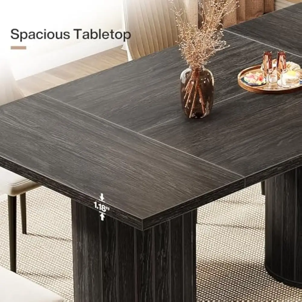 Black Dining Table for 6 People, 63-Inch Modern Dining Room Table with Cylindrical Base, Rectangle Kitchen Table for Living Roo