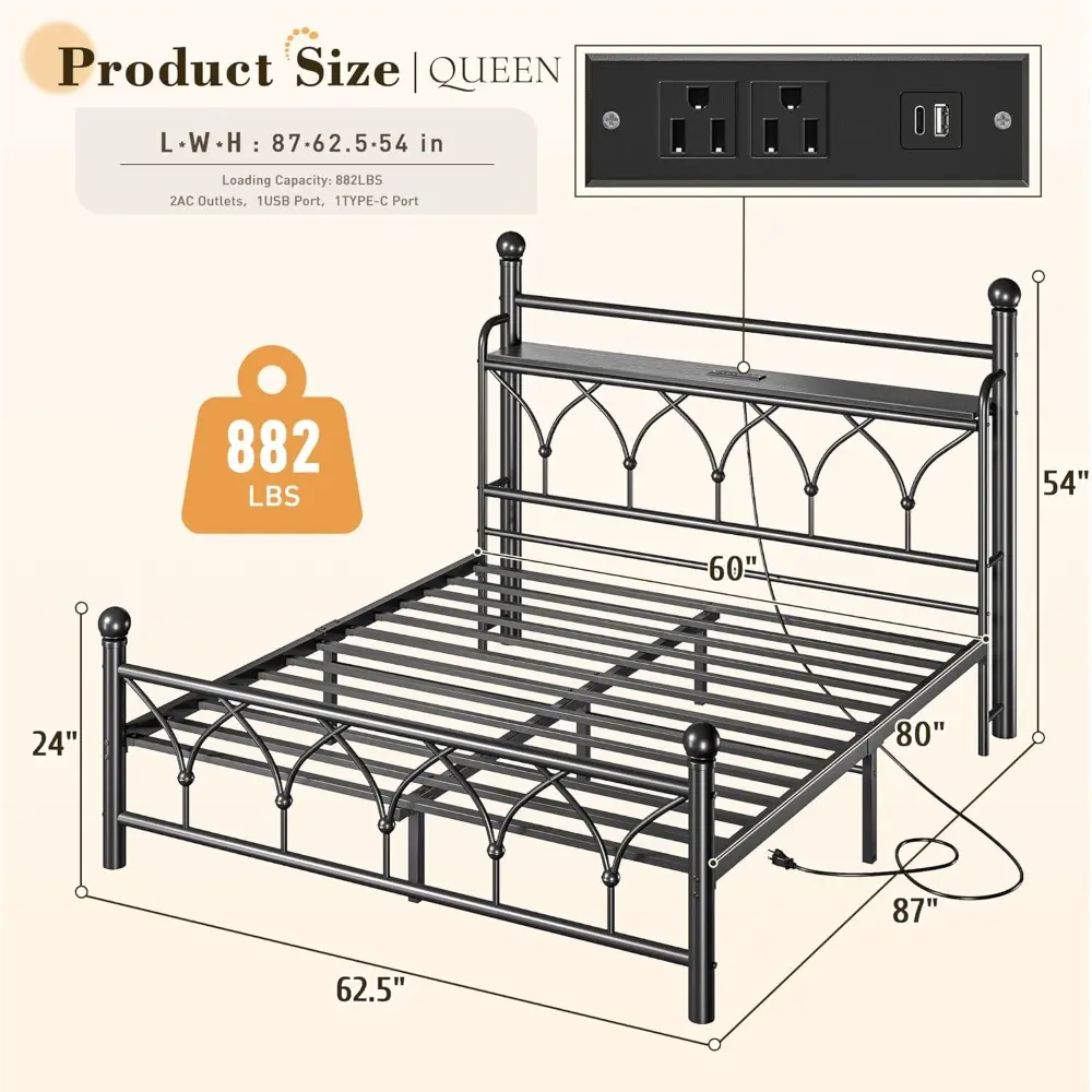 EnHomee Queen Bed Frame with Headboard, Metal Bed Frame Queen Size with LED Lights and Power Outlets, Heavy Duty Steel Slats Sup