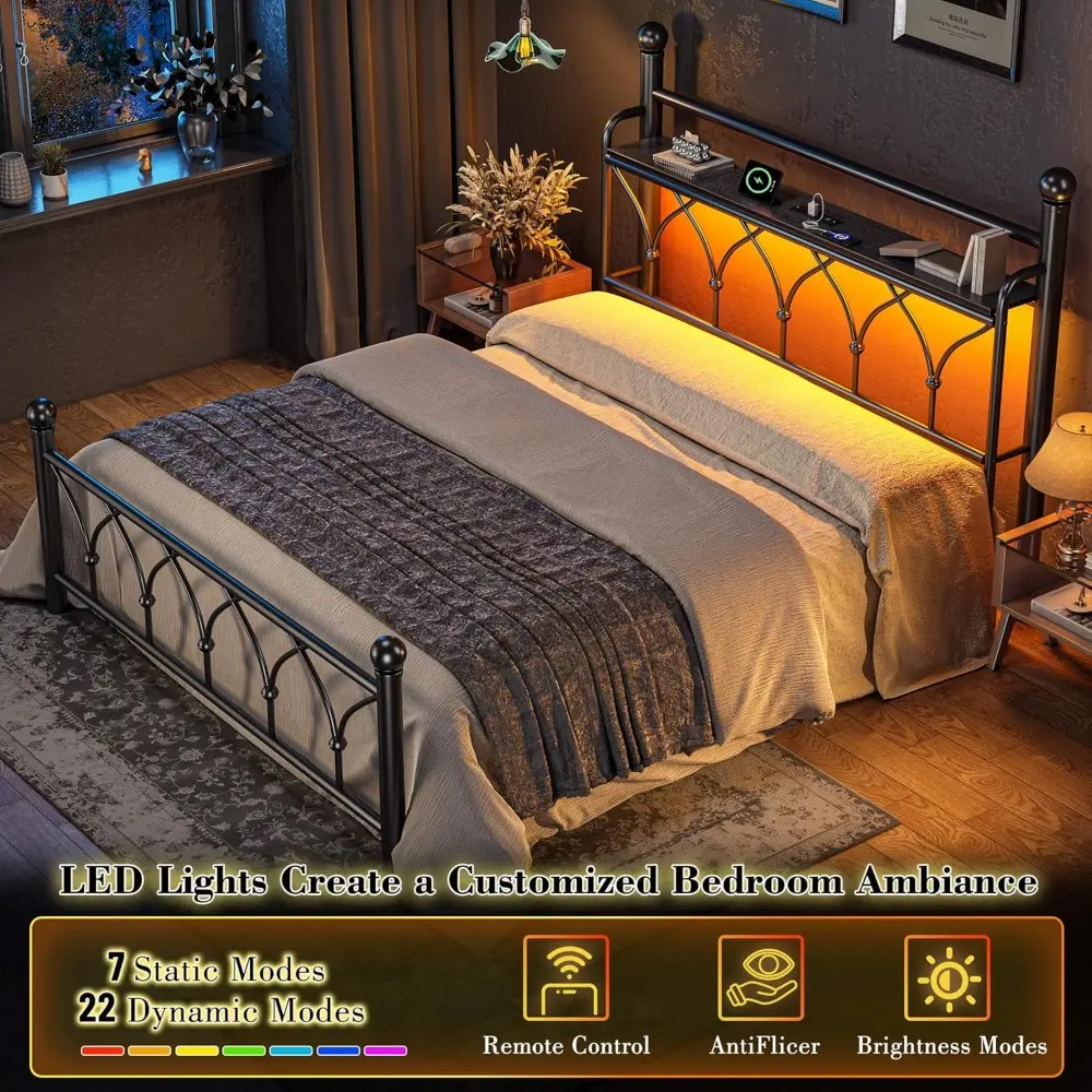 EnHomee Queen Bed Frame with Headboard, Metal Bed Frame Queen Size with LED Lights and Power Outlets, Heavy Duty Steel Slats Sup