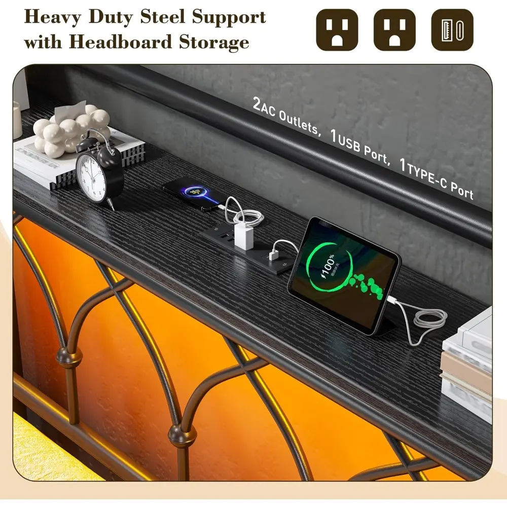 EnHomee Queen Bed Frame with Headboard, Metal Bed Frame Queen Size with LED Lights and Power Outlets, Heavy Duty Steel Slats Sup