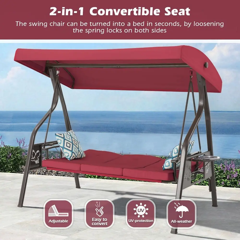 3-Seat Outdoor Porch Swing with Stand, Patio Swing with Canopy, 2 in 1 Porch Swing Bed & Patio Chair for Adult w/Extra