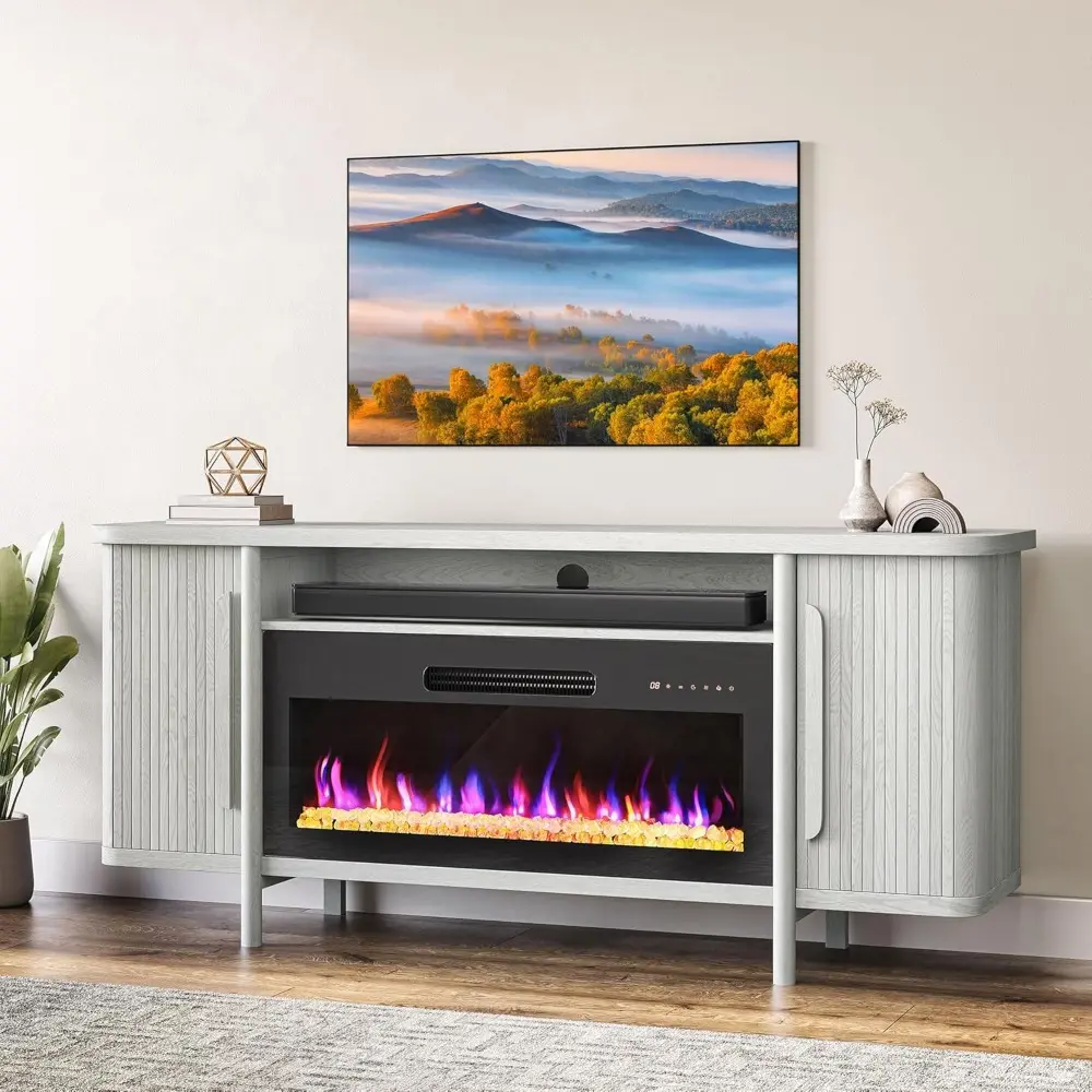 66" TV Stand with 36" Electric Fireplace Heater, Wood Console Table for TVs up to 75", Entertainment Center with Storage Cabine