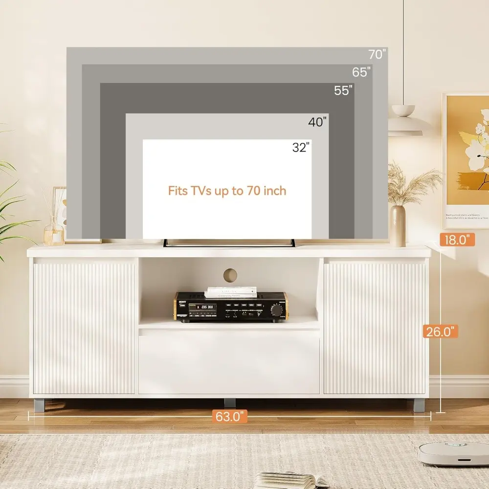63in TV Stand for TVs Up to 70", Fluted Entertainment Center with Storage Drawer and Open Shelves, Modern TV Console Media Cabi