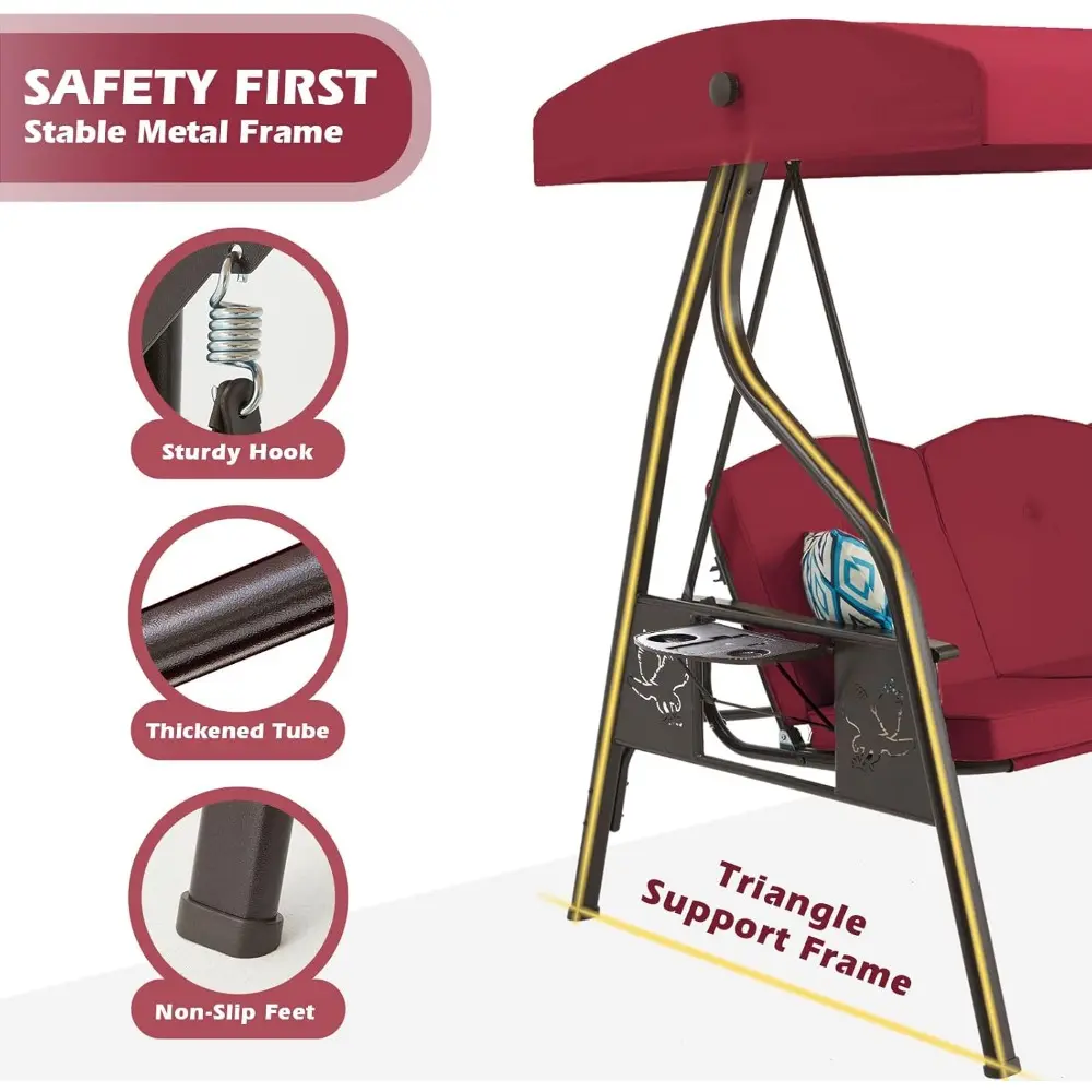 3-Seat Outdoor Porch Swing with Stand, Patio Swing with Canopy, 2 in 1 Porch Swing Bed & Patio Chair for Adult w/Extra