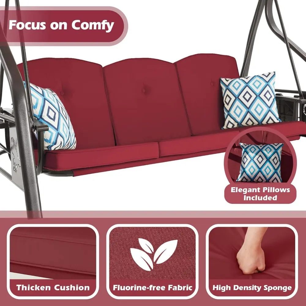 3-Seat Outdoor Porch Swing with Stand, Patio Swing with Canopy, 2 in 1 Porch Swing Bed & Patio Chair for Adult w/Extra