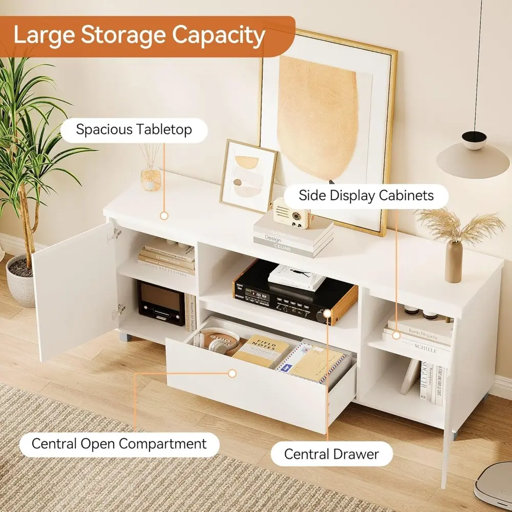 63in TV Stand for TVs Up to 70", Fluted Entertainment Center with Storage Drawer and Open Shelves, Modern TV Console Media Cabi
