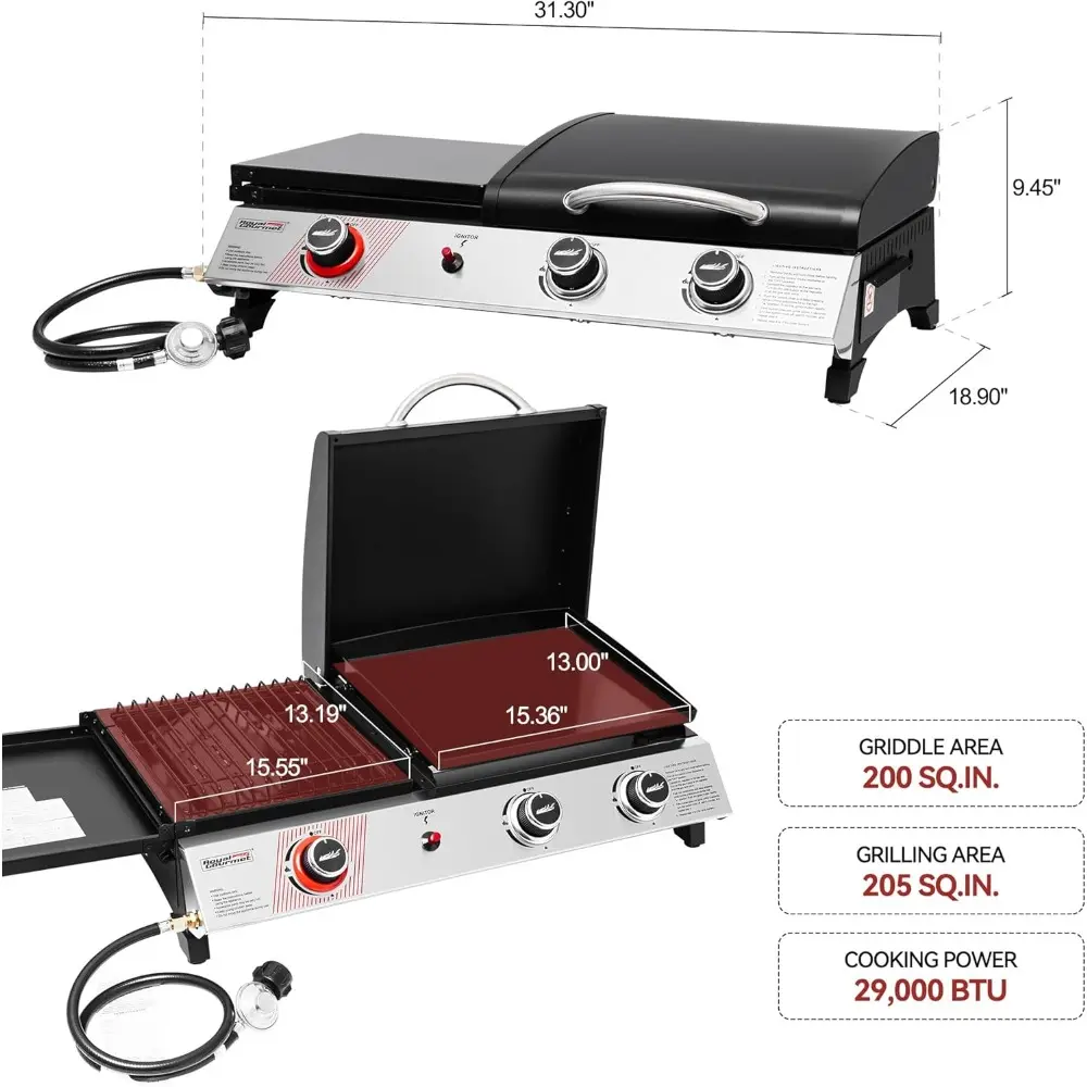 3-Burner Portable Propane Gas Griddle with Side Burner, 3-in-1 Grill and Griddle Combo with Lid, Outdoor Cooking, 29,000 BTU, Si