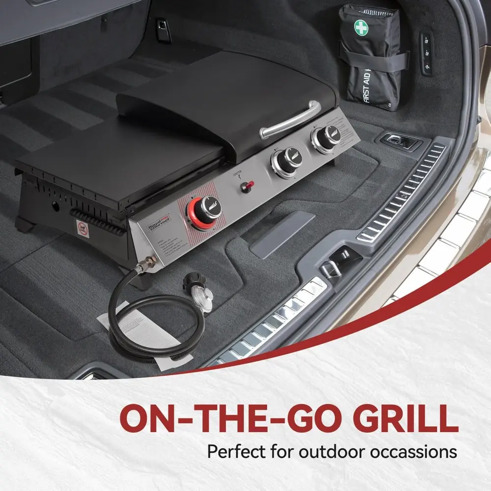 3-Burner Portable Propane Gas Griddle with Side Burner, 3-in-1 Grill and Griddle Combo with Lid, Outdoor Cooking, 29,000 BTU, Si
