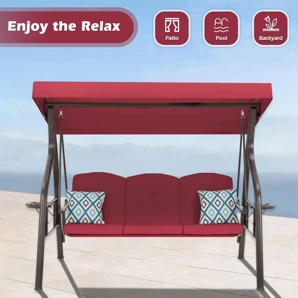 3-Seat Outdoor Porch Swing with Stand, Patio Swing with Canopy, 2 in 1 Porch Swing Bed & Patio Chair for Adult w/Extra