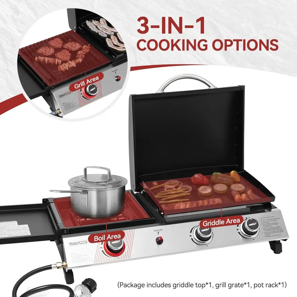 3-Burner Portable Propane Gas Griddle with Side Burner, 3-in-1 Grill and Griddle Combo with Lid, Outdoor Cooking, 29,000 BTU, Si