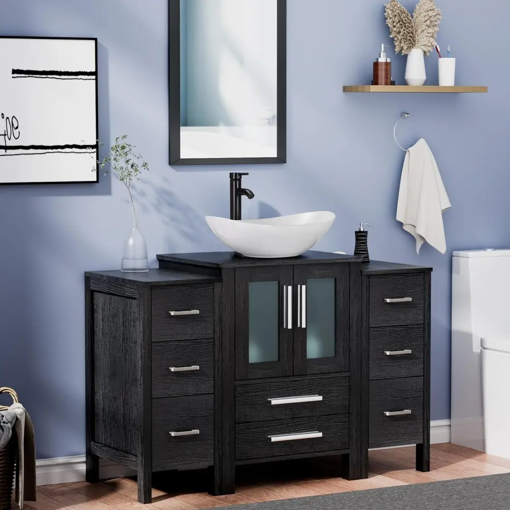 48" Black Bathroom Vanity with Sink Combo,2 Bathroom Storage Side Cabinets,Modern Bathroom Vanity Vessel Sink Combo,ORB Faucet