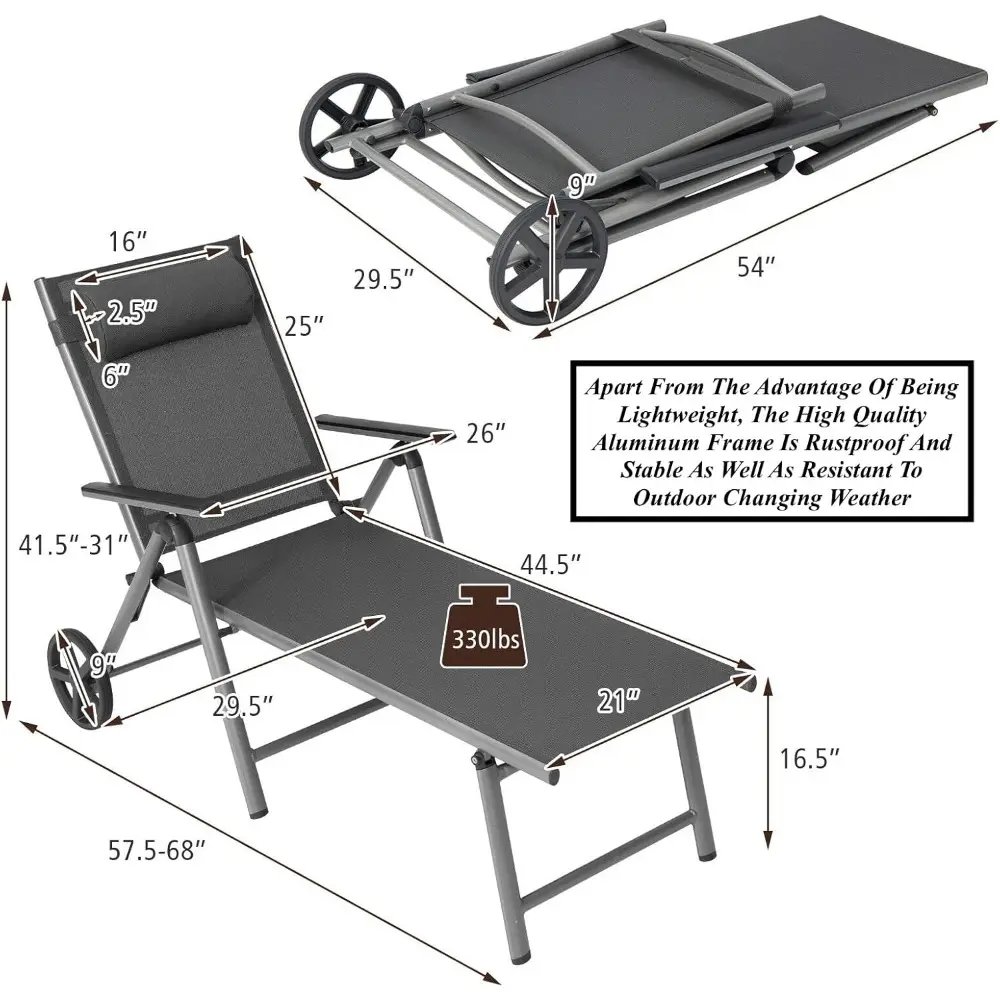 2PCS Rolling Folding Outdoor Chaise Lounge Sunbathing Bed Recliner Lounge Chair with 2 Wheels Aluminum Frame Breathable Fast Dry