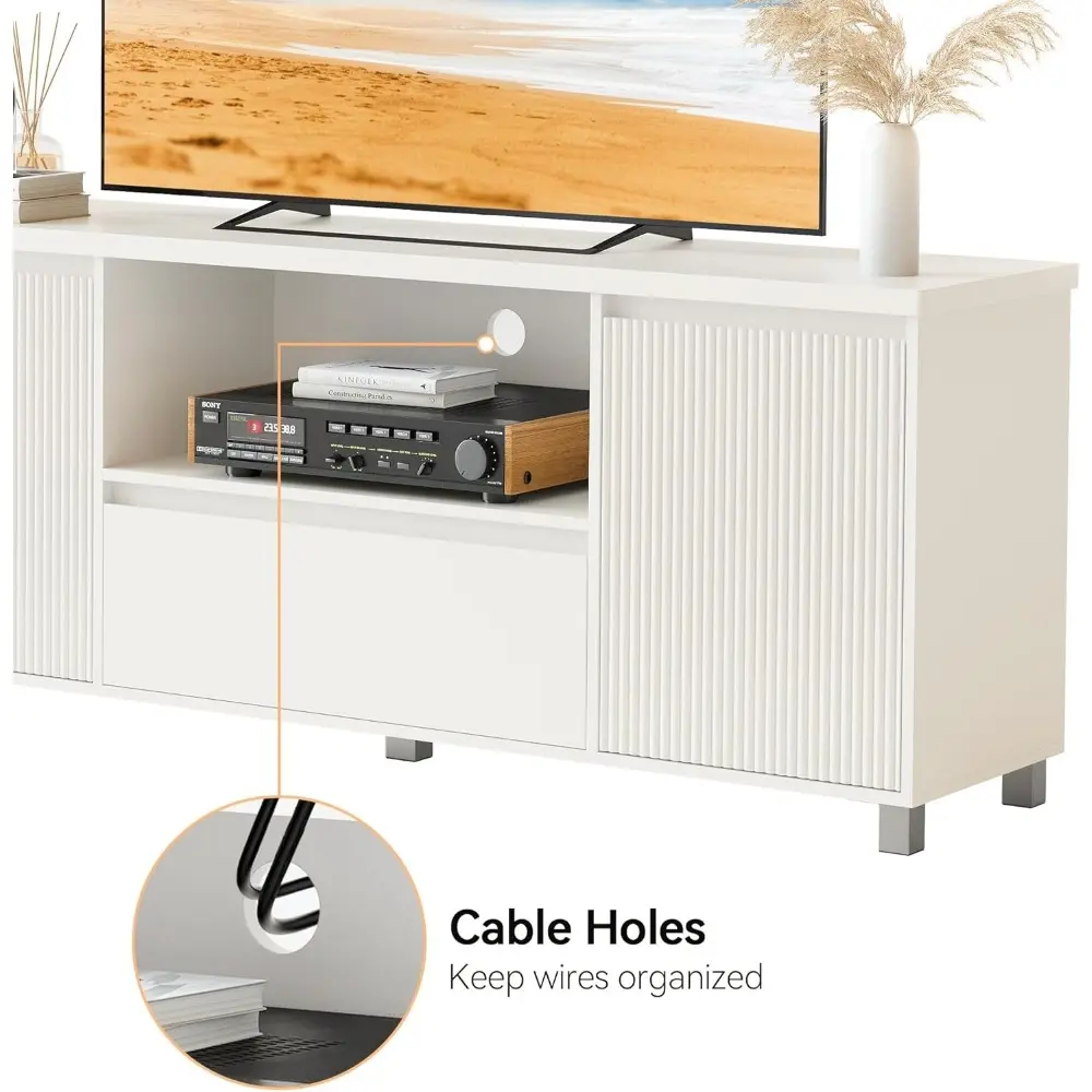 63in TV Stand for TVs Up to 70", Fluted Entertainment Center with Storage Drawer and Open Shelves, Modern TV Console Media Cabi