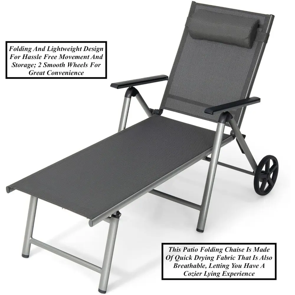 2PCS Rolling Folding Outdoor Chaise Lounge Sunbathing Bed Recliner Lounge Chair with 2 Wheels Aluminum Frame Breathable Fast Dry