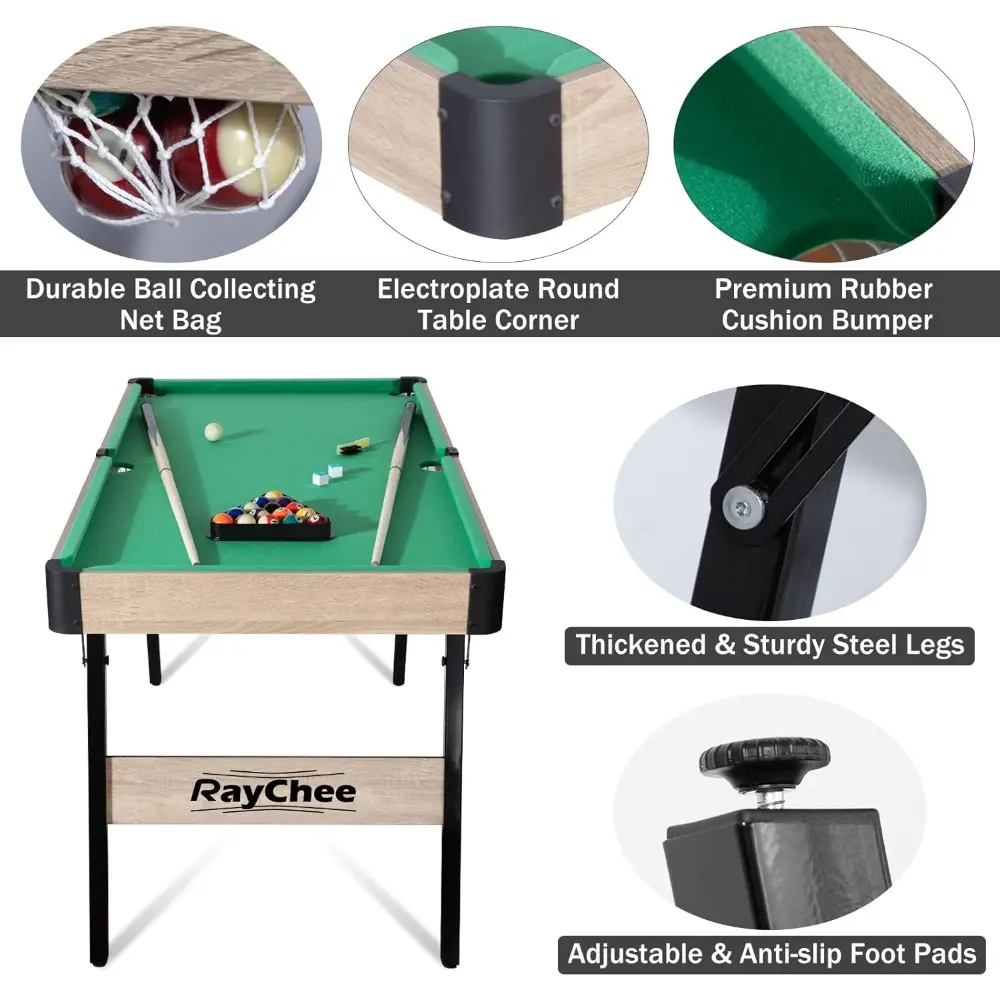 Folding Pool Table, Portable Billiard Game Tables for Kids and Adults, Mini Pool Table with Locking Legs, Adjustable Feet, Balls