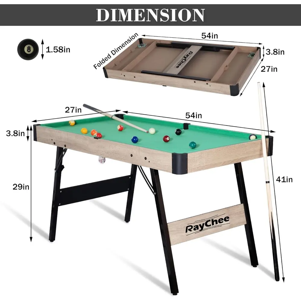 Folding Pool Table, Portable Billiard Game Tables for Kids and Adults, Mini Pool Table with Locking Legs, Adjustable Feet, Balls