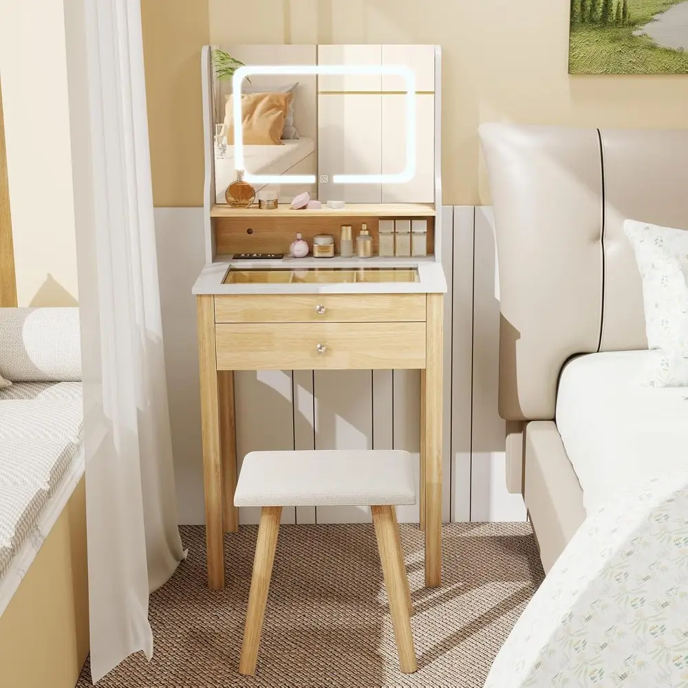 Small Vanity Desk with Light & Mirror, Makeup Table with 3 Light Modes, Power Outlets & Glass Tabletop, Dressing Table and Cush