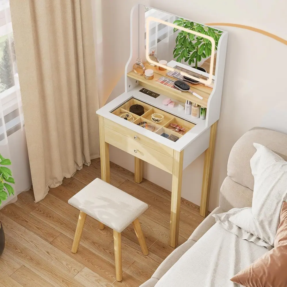 Small Vanity Desk with Light & Mirror, Makeup Table with 3 Light Modes, Power Outlets & Glass Tabletop, Dressing Table and Cush