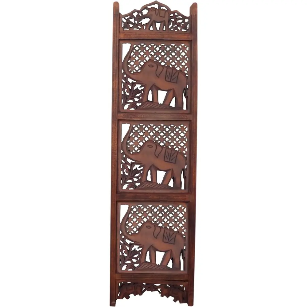 BM34823 Hand Carved Elephant Design Foldable 4-Panel Wooden Partition Screen/Room Divider, Brown