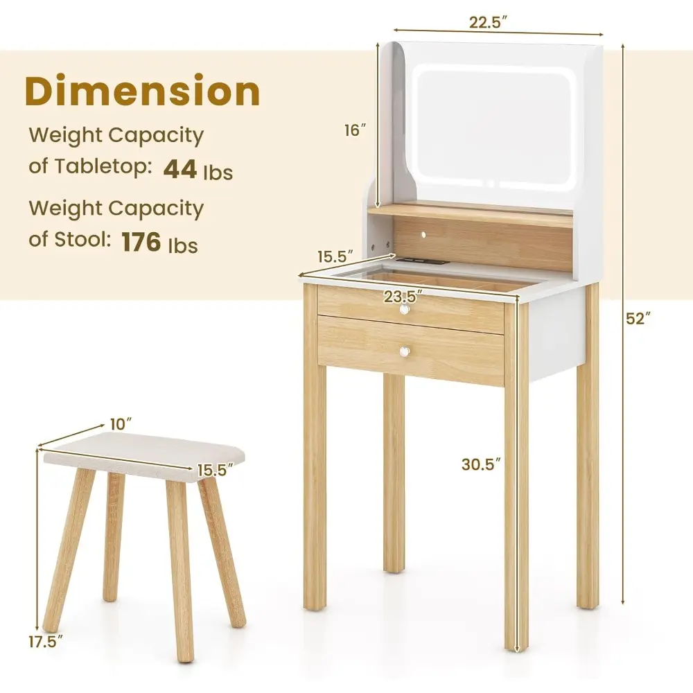 Small Vanity Desk with Light & Mirror, Makeup Table with 3 Light Modes, Power Outlets & Glass Tabletop, Dressing Table and Cush