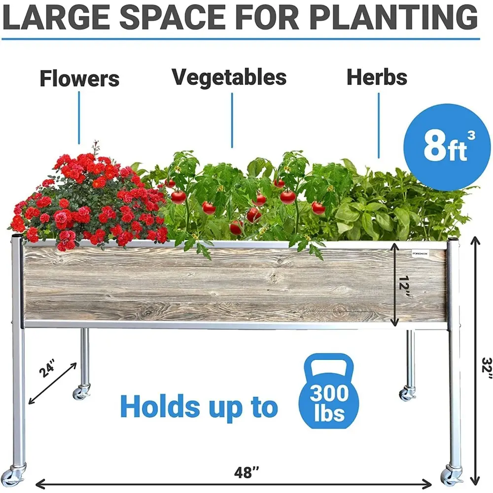 Foreman Raised Garden Bed on Wheels – Weather-Resistant Raised Garden Bed (48" x 24" x 32") with Drainage, Ideal Raised Garden B