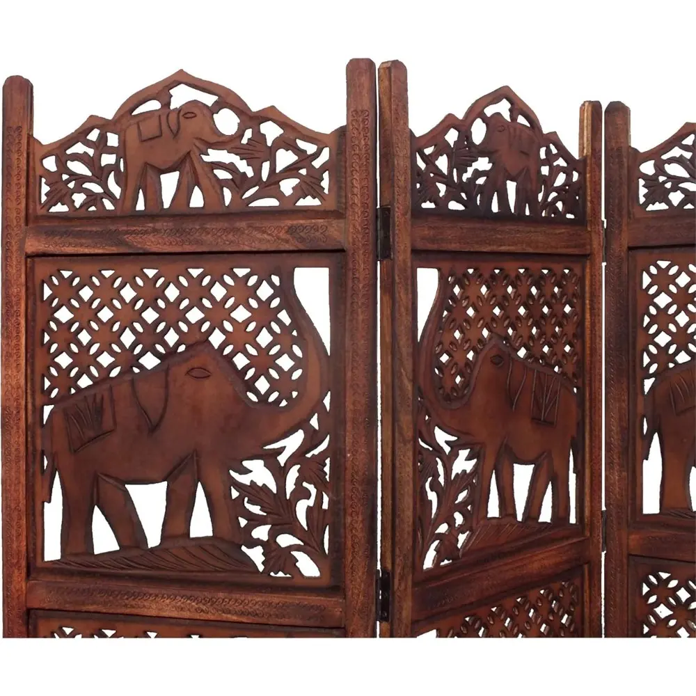 BM34823 Hand Carved Elephant Design Foldable 4-Panel Wooden Partition Screen/Room Divider, Brown