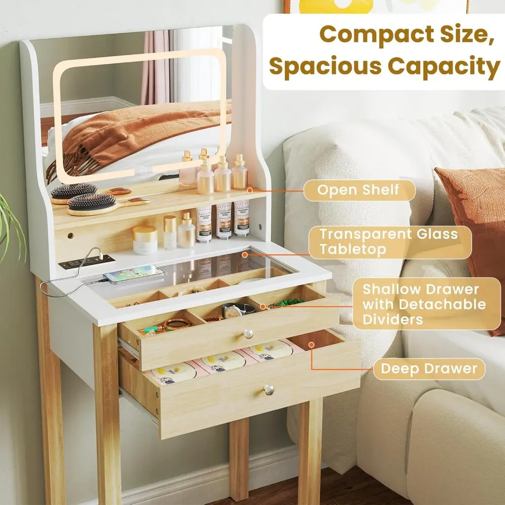 Small Vanity Desk with Light & Mirror, Makeup Table with 3 Light Modes, Power Outlets & Glass Tabletop, Dressing Table and Cush