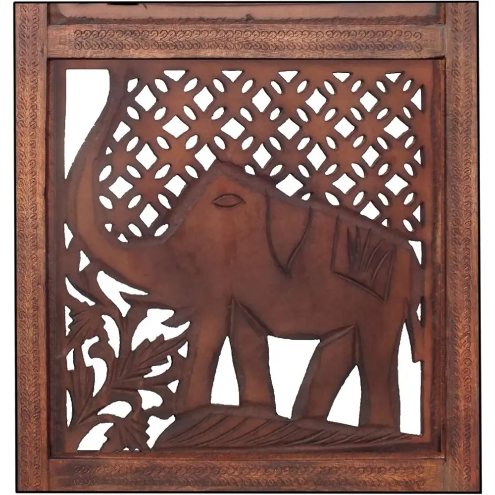 BM34823 Hand Carved Elephant Design Foldable 4-Panel Wooden Partition Screen/Room Divider, Brown