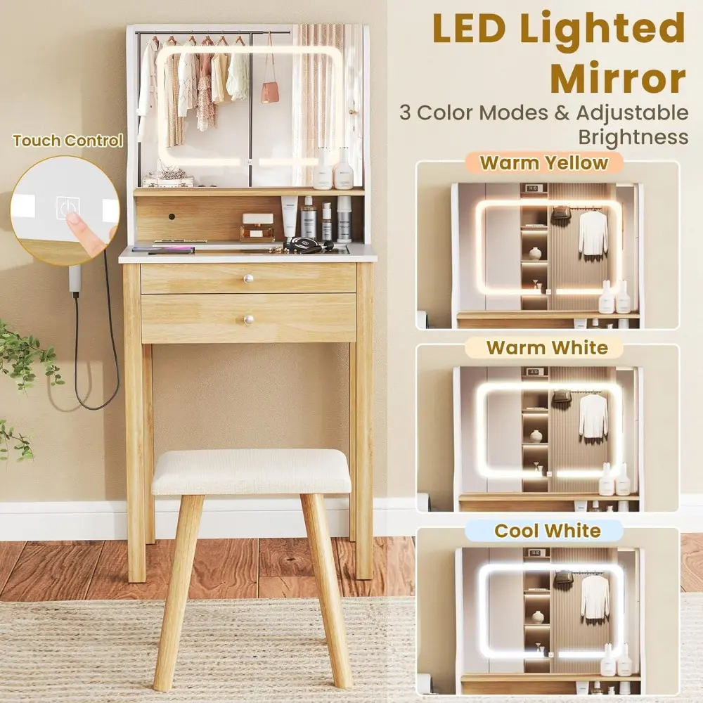 Small Vanity Desk with Light & Mirror, Makeup Table with 3 Light Modes, Power Outlets & Glass Tabletop, Dressing Table and Cush