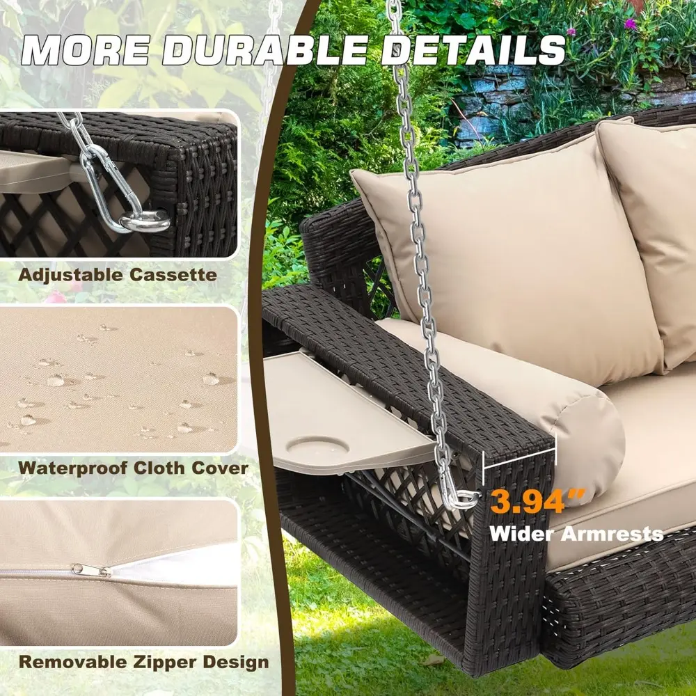 3 Person Porch Swing Patio Wicker Hanging Porch Swing Chair Outdoor Rattan Swing Bench with Cushion and Pillow for Garden, Yard