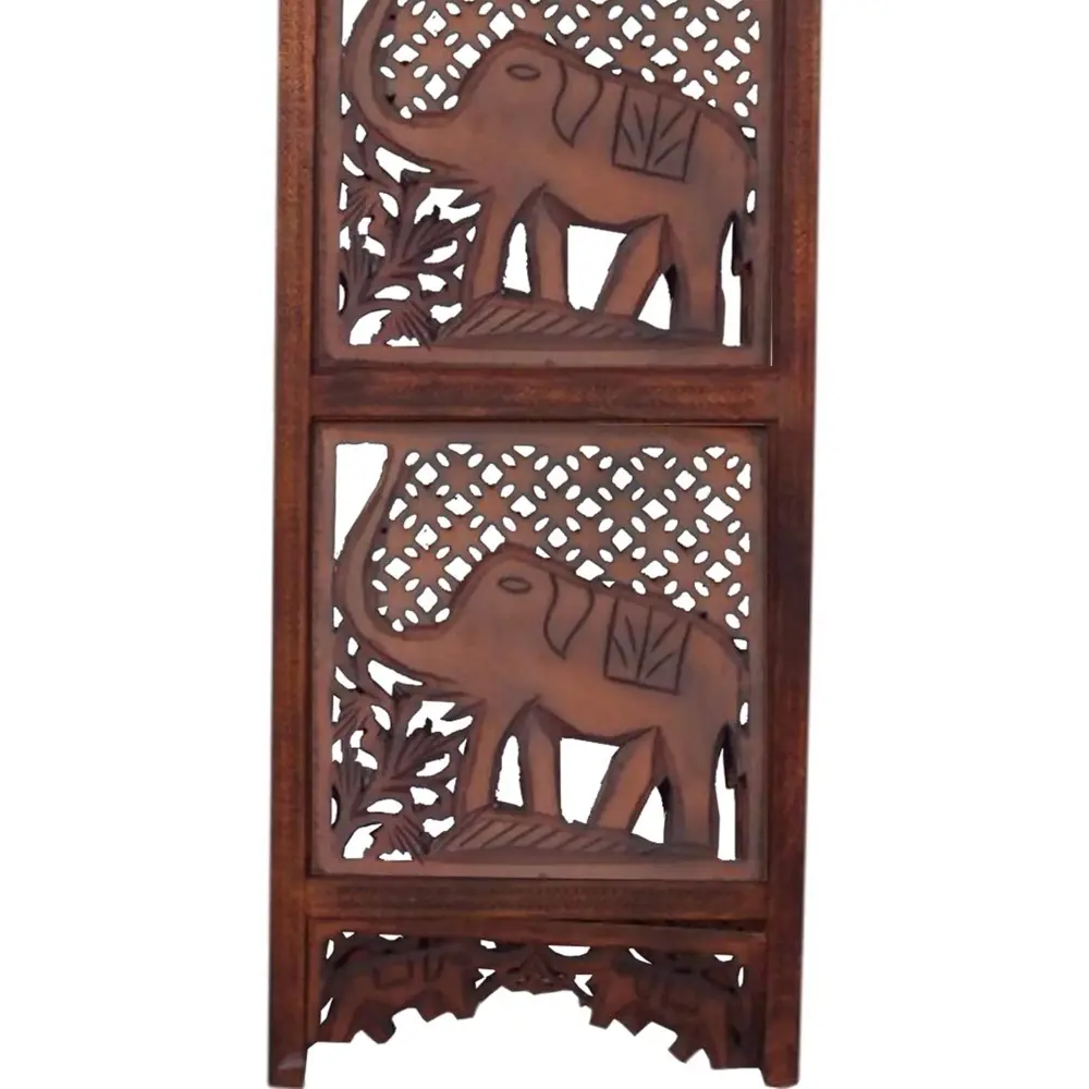 BM34823 Hand Carved Elephant Design Foldable 4-Panel Wooden Partition Screen/Room Divider, Brown