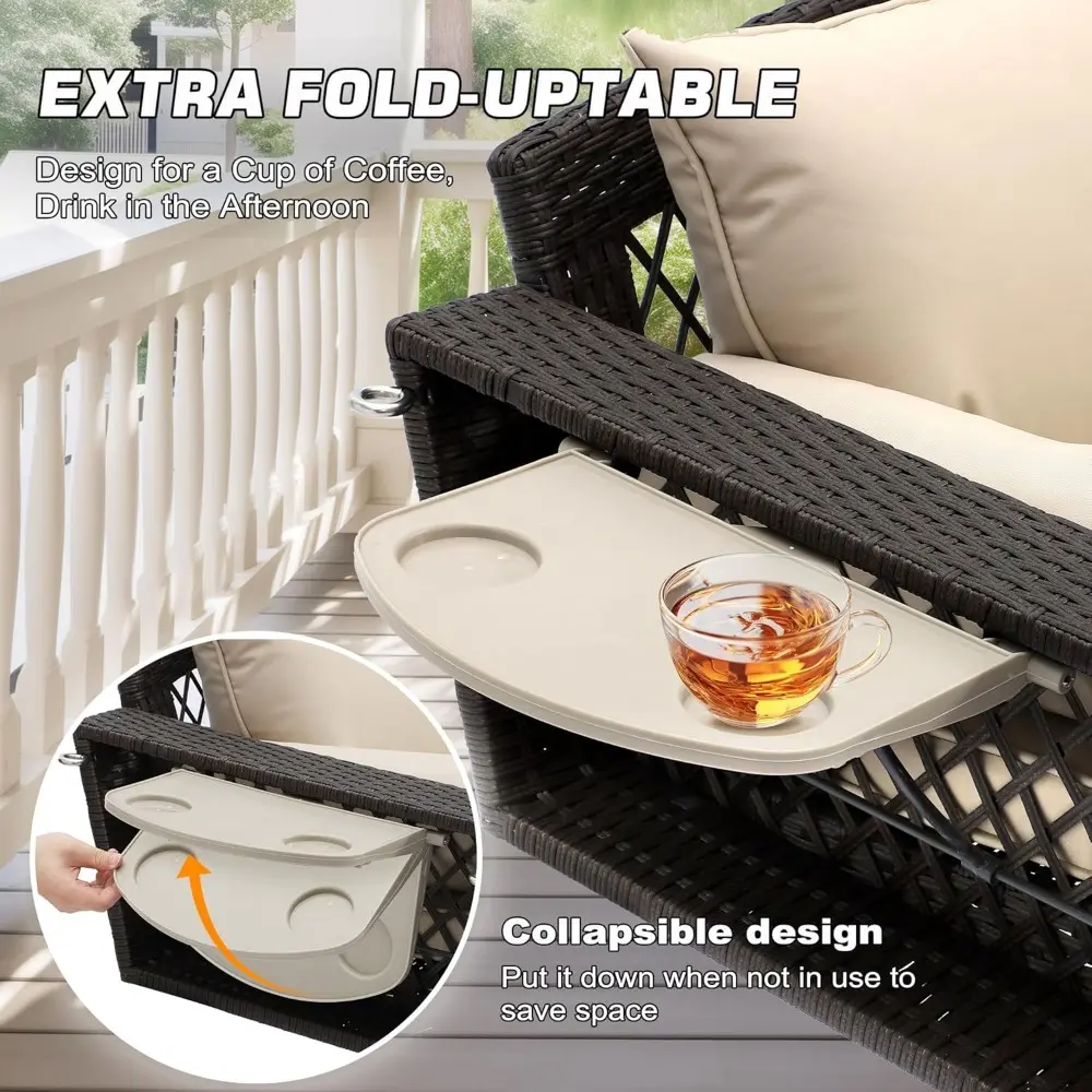 3 Person Porch Swing Patio Wicker Hanging Porch Swing Chair Outdoor Rattan Swing Bench with Cushion and Pillow for Garden, Yard