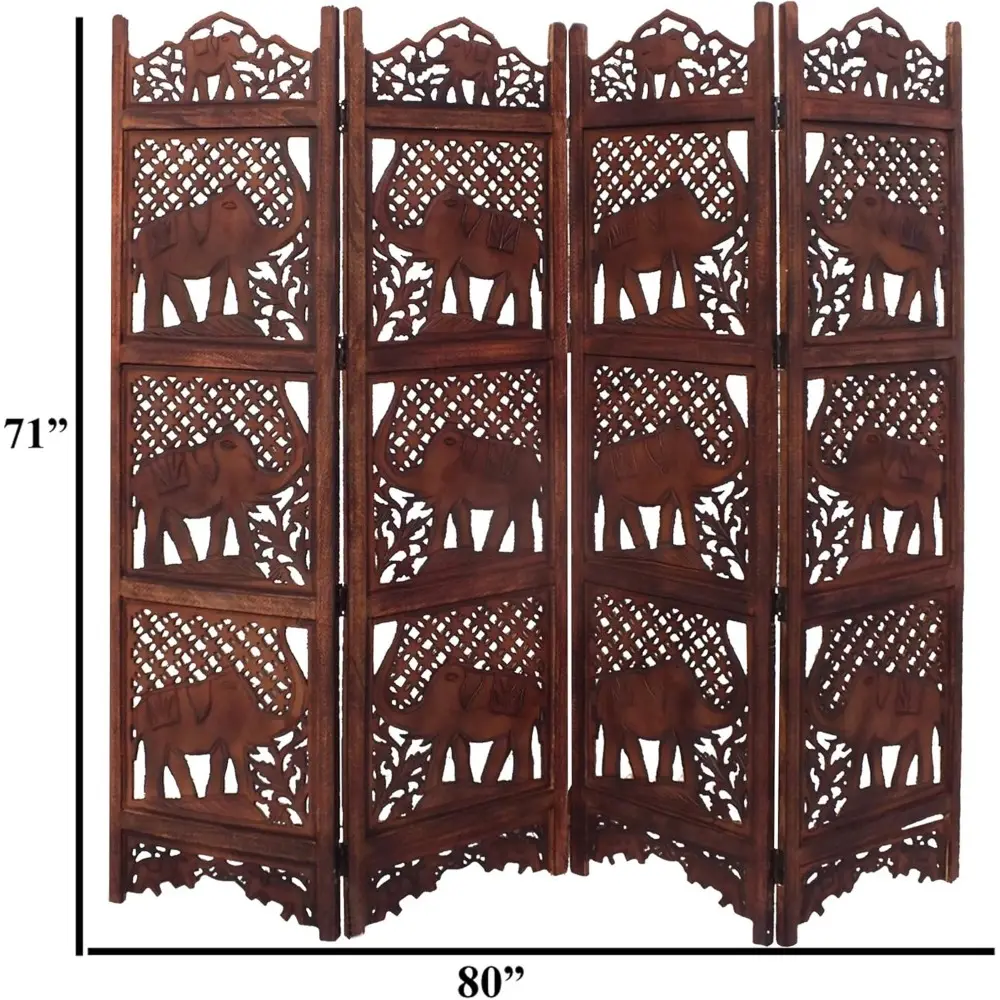 BM34823 Hand Carved Elephant Design Foldable 4-Panel Wooden Partition Screen/Room Divider, Brown